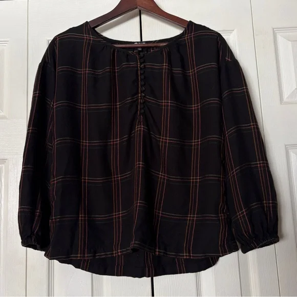 Madewell Shirred Peasant Long Sleeve Half Button Top in Windowpane - True Black - Picture 1 of 9